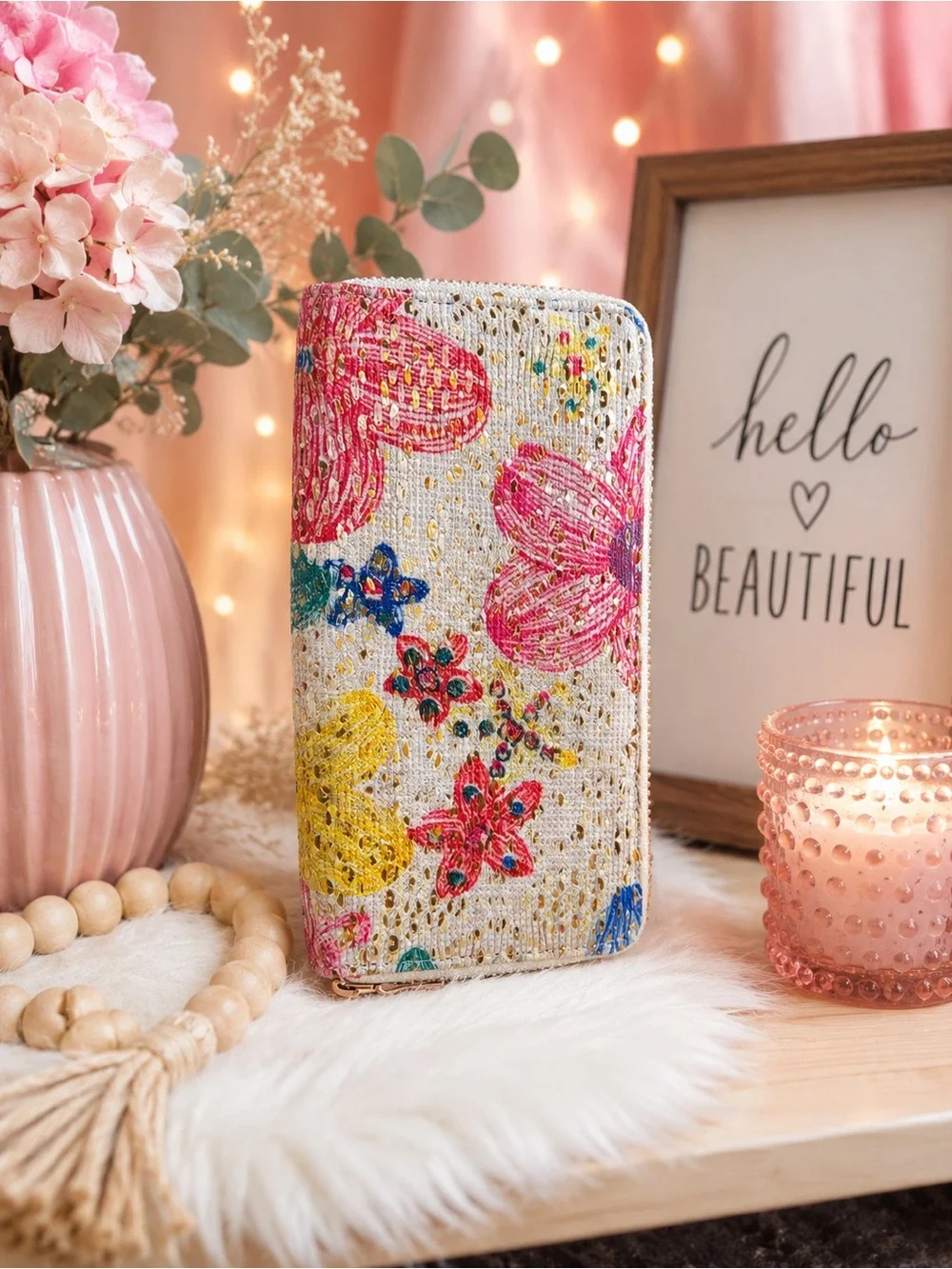 Floral Glitter Folio Phone Case - Pink & Multicolor